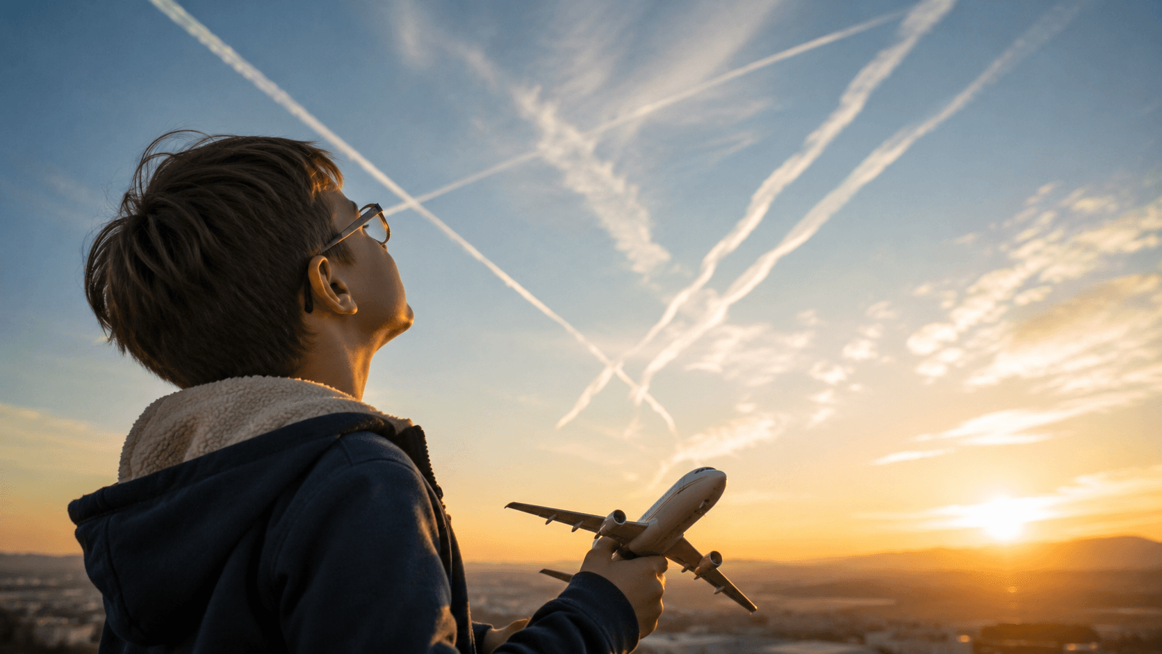 Băiat cu ochelari privind un avion pe cer la apus