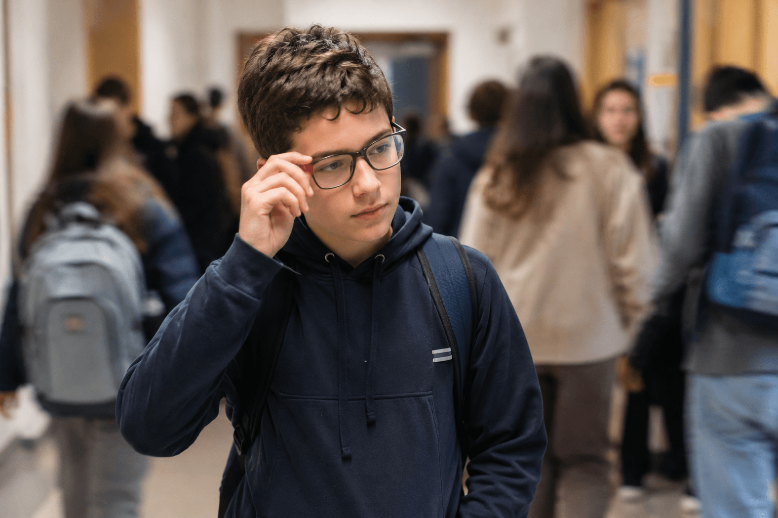Adolescent pe holul școlii ajustându-și ochelarii printre colegi